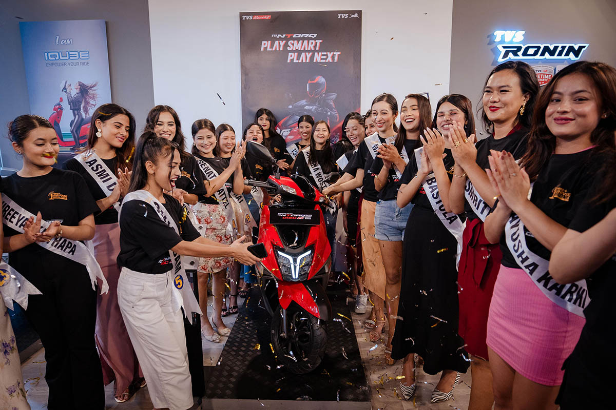 Miss Universe Nepal Top 22 contestants unveil TVS Ntorq Disc BS6 FI at NADA Auto Show